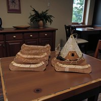 Vintage Handmade Birch Bark Ornaments: Teepee and 8 Canoe Set