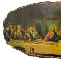 Vintage 1970s Last Supper Plaque: Rustic Wood Slice Wall Art