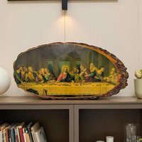 Vintage 1970s Last Supper Plaque: Rustic Wood Slice Wall Art