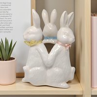 Vintage Ceramic Rabbit Vase: Trio of Bunnies with Pastel Bows Centerpiece