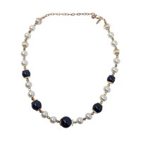 Vintage George Beaded Necklace: Navy Blue Glass and Faux Pearl