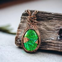 Copper Wire Wrapped Green Imitation Opal Pendant: Handmade Artisan Jewelry