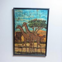 Vintage African Batik Painting: Safari Giraffe Cloth Wall Art