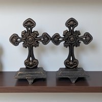 Vintage Cast Iron Cross Stocking Holders: Pair of Ornate Gothic Christmas Mantel Hangers