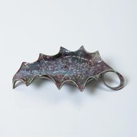 Vintage Handmade Ceramic Leaf Dish: Purple Crystalline Glaze Holly Tray