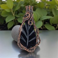 Carved Black Onyx Leaf Pendant: Copper Wire Wrapped Handmade Jewelry