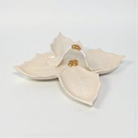 Vintage Holland Mold 4-Section Leaf Dish: Cream Ceramic Relish Tray with Gold Berry Handle