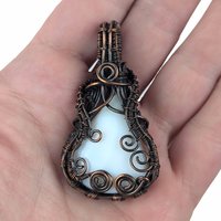 White Chalcedony Copper Pendant: Handmade Wire Wrapped Teardrop