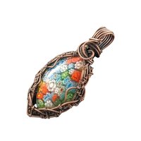 Millefiori Glass Copper Pendant: Handmade Wire Wrapped Flower Necklace