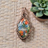 Millefiori Glass Copper Pendant: Handmade Wire Wrapped Flower Necklace