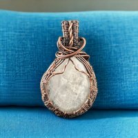 White Moonstone Copper Pendant: Handmade Wire Wrapped Teardrop