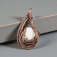 White Shell Copper Pendant: Handmade Wire Wrapped Teardrop Necklace