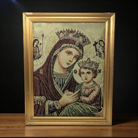 Vintage Jacques Sefop Padded Tapestry: Virgin Mary & Child Framed Religious Art