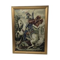 Vintage St George Slaying Dragon Puffy Tapestry: Framed Religious Art