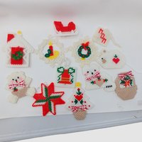 Vintage Handmade Plastic Canvas Ornaments: Needlepoint Christmas Decor Set