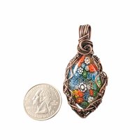 Millefiori Glass Copper Pendant: Handmade Wire Wrapped Flower Necklace