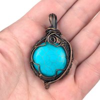 Turquoise Color Howlite Copper Pendant: Handmade Wire Wrapped Round Necklace