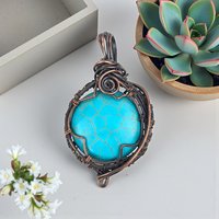 Turquoise Color Howlite Copper Pendant: Handmade Wire Wrapped Round Necklace