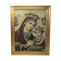 Vintage Jacques Sefop Padded Tapestry: Virgin Mary & Child Framed Religious Art