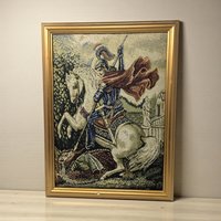 Vintage St George Slaying Dragon Puffy Tapestry: Framed Religious Art