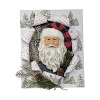 Vintage Handmade 3D Santa Claus Canvas Art: Buffalo Plaid Mixed Media Collage