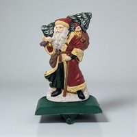 Vintage Cast Iron Santa Stocking Holder: Heavy Painted Christmas Mantel Decor