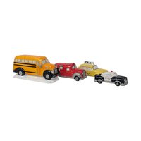Vintage Ceramic Village Accessory Set: 4 Vehicles Bus Taxi Fire Police