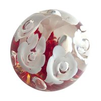 Vintage Art Glass Paperweight: Red with White Flowers