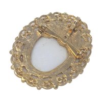 Vintage Ceramic Tabby Cat Brooch: Gold Tone Filigree Frame Pet Lover Jewelry