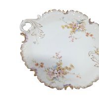 Vintage German Porcelain Handled Serving Plate: Pink and Gold Floral Scalloped Dish