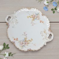 Vintage German Porcelain Handled Serving Plate: Pink and Gold Floral Scalloped Dish