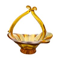 Vintage Amber Art Glass Basket with Hand-Pulled Handle