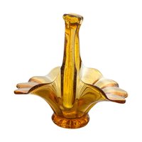 Vintage Amber Art Glass Basket with Hand-Pulled Handle