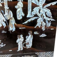 Vintage Vietnamese Lacquer Wall Panel: Torii Gate & Mother of Pearl Inlay