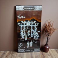 Vintage Vietnamese Lacquer Wall Panel: Torii Gate & Mother of Pearl Inlay