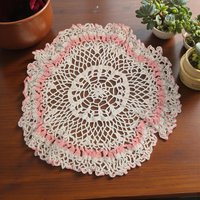 Vintage Large Crochet Doily with Pink Trim