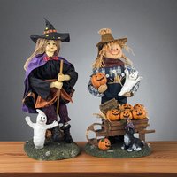 Vintage 13" Halloween Figures, Fabric Witch and Scarecrow