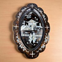 Vintage Asian Black Lacquer Mother of Pearl Inlaid Wall Plaque