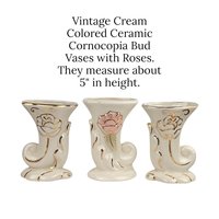 Vintage Cream Cornucopia Vase Set: Rose & Gold Bud Vases