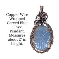 Handmade Copper Wire Wrapped Carved Blue Onyx Pendant