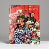 A colorful book cover featuring a group of circus clowns in vibrant costumes. One clown wears a blue and white checkered suit, another a red striped outfit. The background is a solid red train car with the yellow title THE CIRCUS.