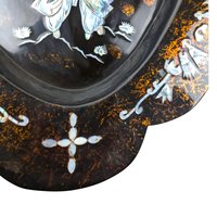 Vintage Asian Black Lacquer Mother of Pearl Inlaid Wall Plaque