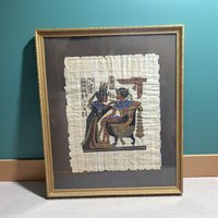 Vintage Egyptian Papyrus Painting: King Tut and Ankhesenamun