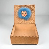 Vintage Pyrography Wood Box with Furry Face
