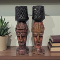 Vintage Hand Carved Tribal Figure Candle Holder Pair