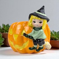 Vintage Halloween Witch and Jack-O-Lantern Ceramic Planter