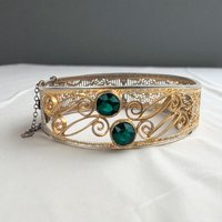 Vintage Filigree Gold Tone Bracelet with Emerald Green Rhinestones