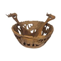Vintage Hand Carved Wood Bowl with Animal Utensils
