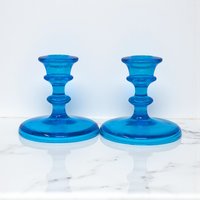 Pair of Vintage Blue Glass Taper Candlestick Holders