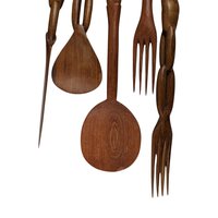 Vintage Hand Carved African Tribal Wooden Utensil Set